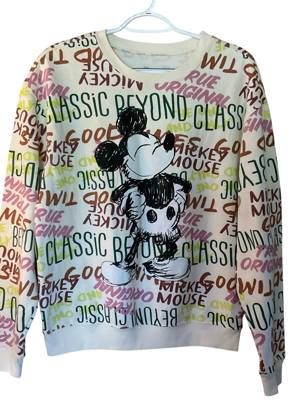 Disney Mickey Mouse Graphic Sweatshirt Size L Colorful All Over Print Pullover